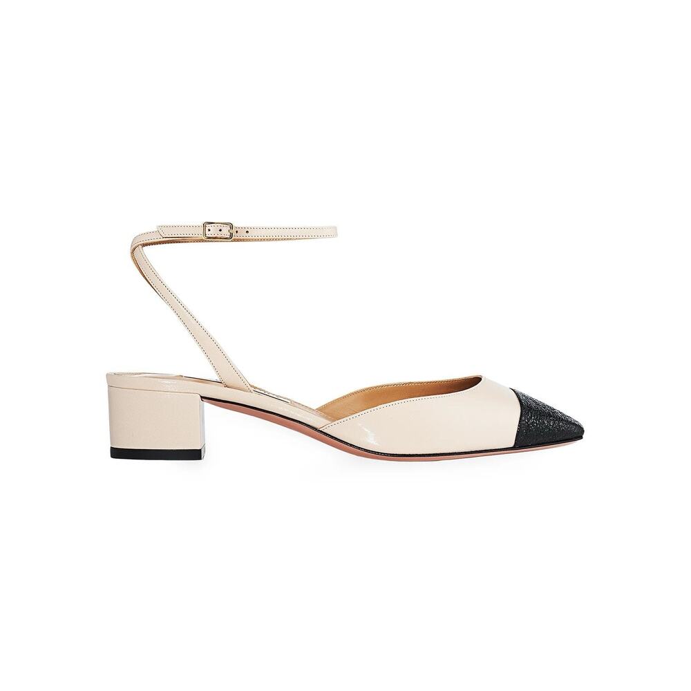 New Aquazzura French Flirt Leather Block Heel Pumps Tan Black Cap 38 / 7.5 $825